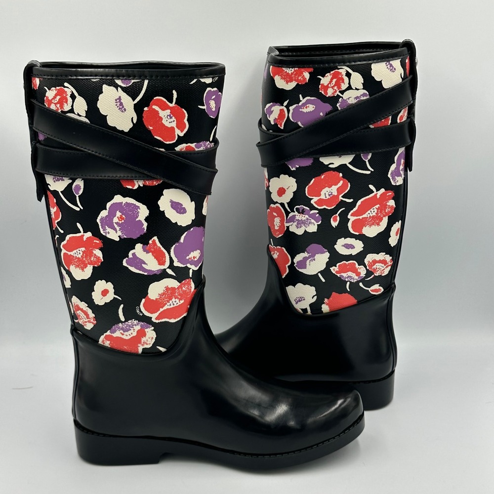 Coach Trisha II Print Rain Boots Black Floral Buckle Accent Size 7B - Picture 6 of 15